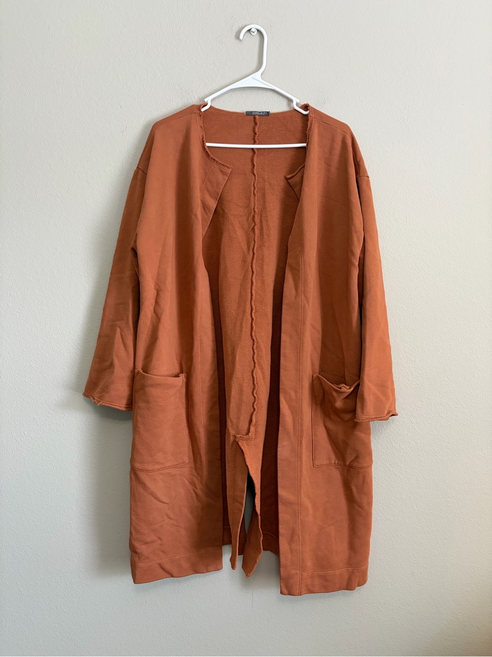 ERRANT long knit pocketed rust‎ cotton cardigan with a slit back bottom small